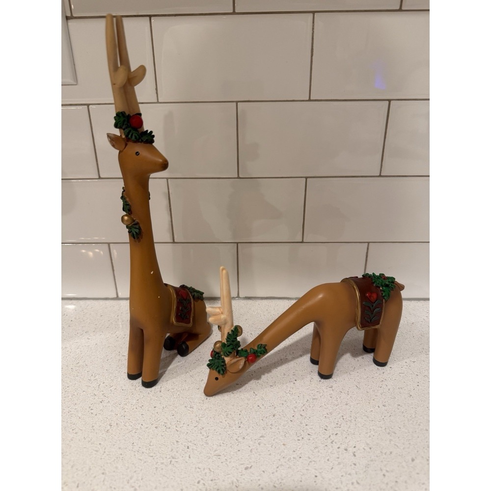 Vintage Style Resin Christmas Reindeer Pair - Tall Standing & Grazing Figurines